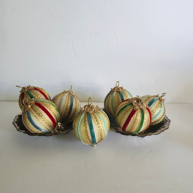 Traditional Vintage Set of 7 Ribbon Beads Christmas Ornaments Greens, Reds, Blues For Sale - Image 3 of 5