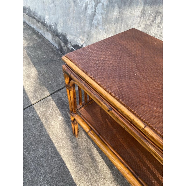 Wood Bamboo Table . Mid Century Modern Bamboo Table. Bamboo and Rattan Table With Woven Top Detail and Shelf For Sale - Image 7 of 12