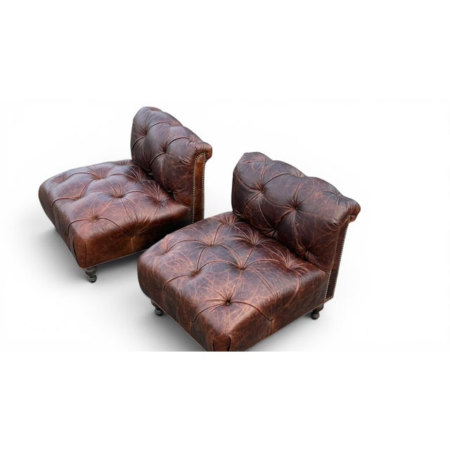 Traditional Pair of Chesterfield Leather Slipper Chairs For Sale - Image 3 of 9