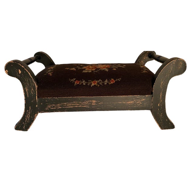 Vintage French Country Two Handle Floral Needlepoint Cricket Foot Stool For Sale - Image 12 of 13