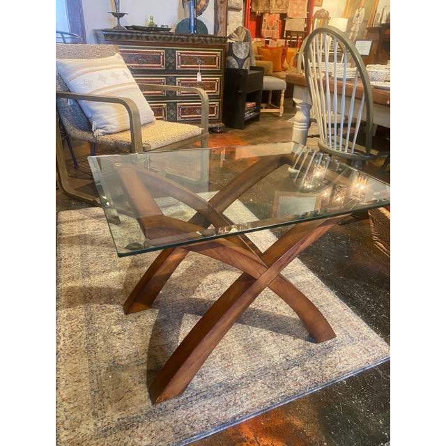 1990s Vintage Wooden Cross Leg Coffee Table With Glass Top Chairish