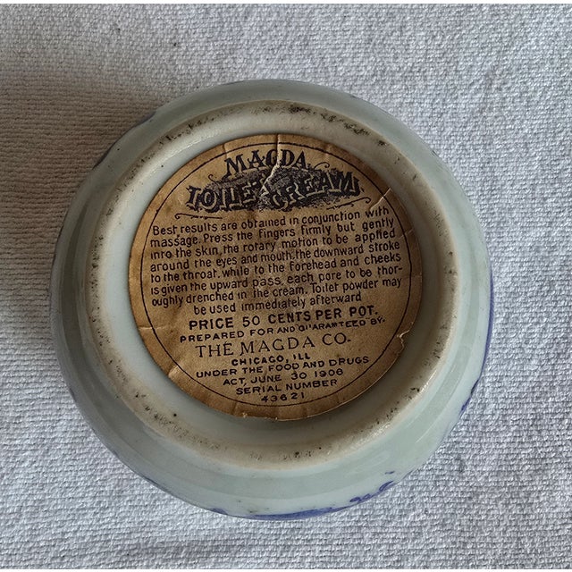 Blue Antique Rare Magda Toilet Cream Porcelain Jar Blue & White the Magda Co Chemists Chicago For Sale - Image 8 of 8