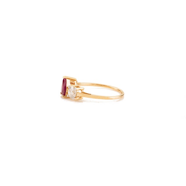 Early 21st Century Ancient Prong Set Ruby & Round Diamond Past Present Future Ring Size 6 in 14k Gold For Sale - Image 5 of 14