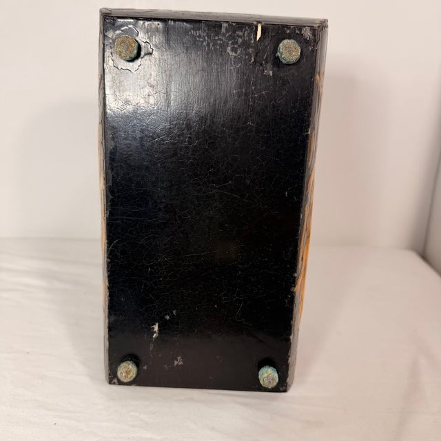 Vintage Hand Painted Chinese Wood Jewelry Box Black Lacquer Pig Flower Bamboo Red Interior For Sale - Image 6 of 13