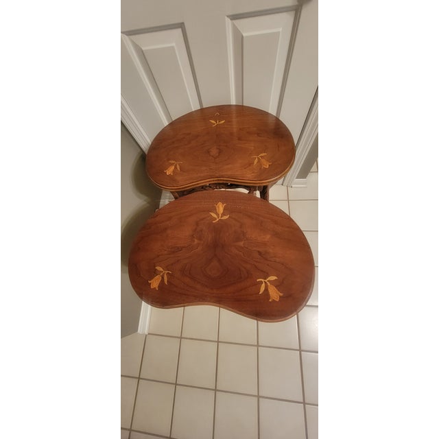 1940's French Louis XV Style Accent Tables With Floral Marquetry Inlay Top - A Pair For Sale - Image 9 of 16