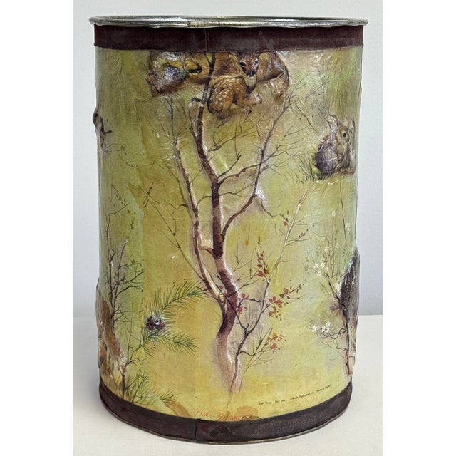 Figurative Vintage Decoupage Tin Waste Basket or Umbrella Stand For Sale - Image 3 of 9