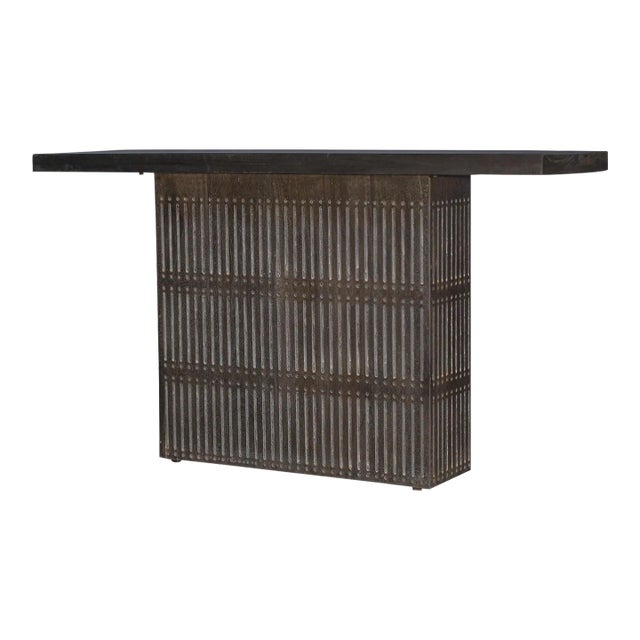 Modern Ash Gray Rib Carved Solid Wood Square Coffee Table | Solid Wood Center Table | Boho Chic Distressed Gray Accent Table | Ribbed Groove For Sale