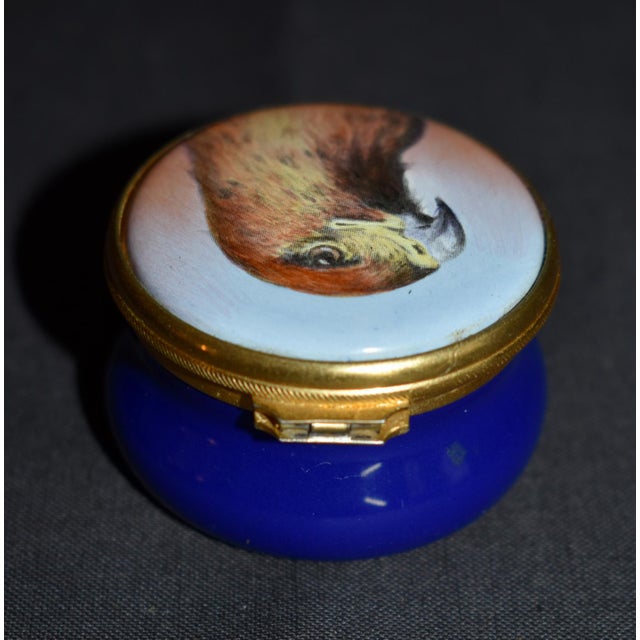Blue VTg. Ashley Enamel's Trinket Box Hand Painted Kestrel Hawk Bird of Prey Blue For Sale - Image 8 of 11