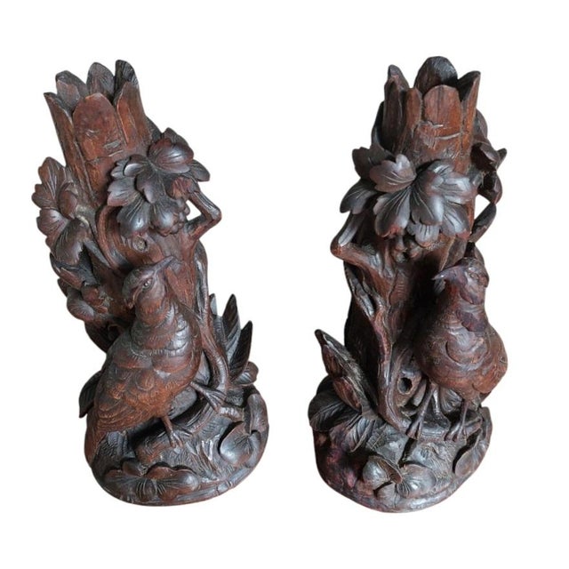 Antique Walnut Black Forest Vase Holders with Pheasants, 1890s, Set of 2 For Sale - Image 4 of 10