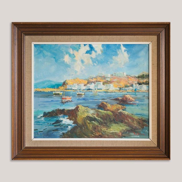 Port of Llança Coastal Harbour Scene, Oil Painting on Canvas, Framed For Sale - Image 3 of 11