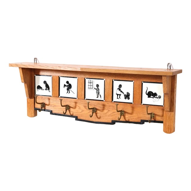 Art Deco Amsterdamse School Oak Coat Rack with Tiles, 1920s For Sale