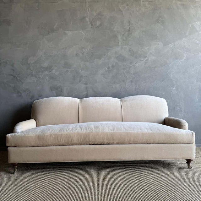 Mid-Century Modern Custom Made Modern English Arm Sofa in Performance Linen Velvet - 110" For Sale - Image 3 of 11