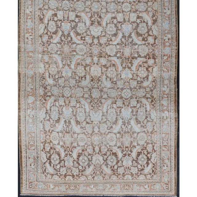 Brown Background Antique Persian Mahal With All-Over Floral Design in Orange 5 X 15 For Sale - Image 4 of 14