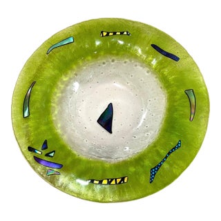 Vintage Signed Hand Blown Green Iridescent Studio Glass Large Centerpiece Bowl For Sale