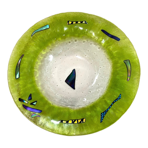 Vintage Signed Hand Blown Green Iridescent Studio Glass Large Centerpiece Bowl
