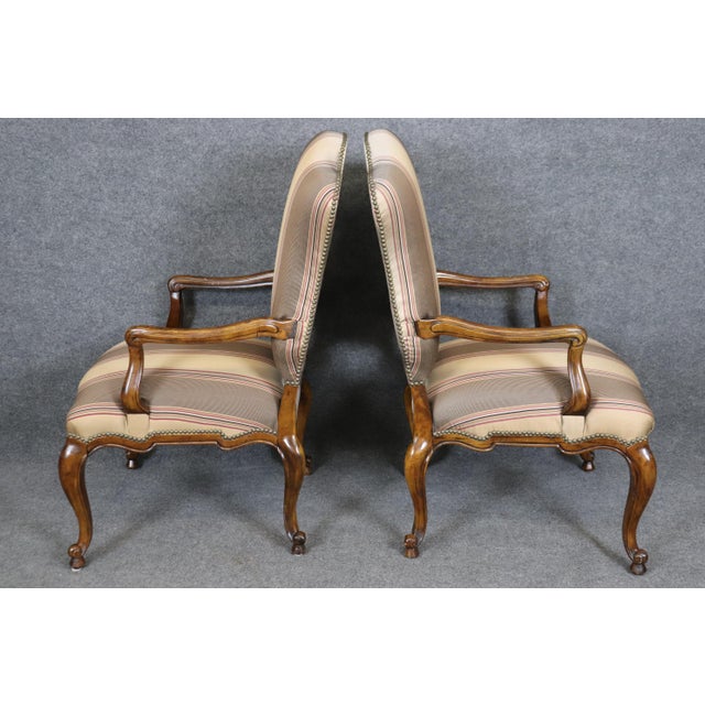 Pair of Gorgeous Century French Louis XV Walnut Armchairs Striped Upholstery For Sale In Philadelphia - Image 6 of 12