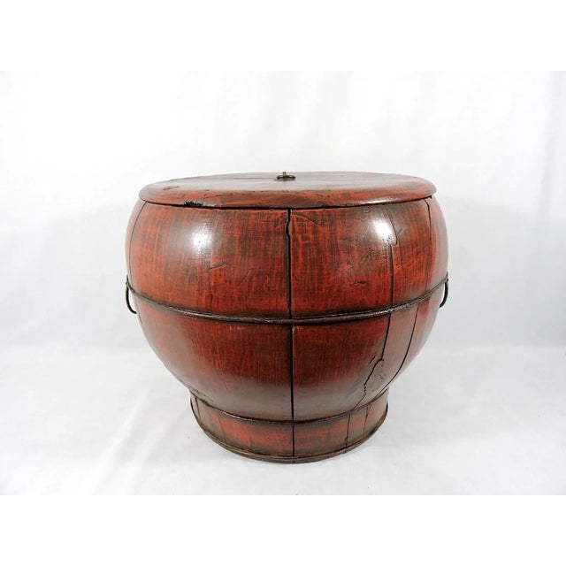 Chinese Large Antique Chinese Round Elm Wood Banded Rustic Storage Box / Container With Antiquities Seal For Sale - Image 3 of 9