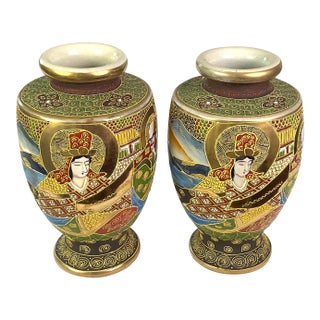Late 19th , Early 20th Century Satsuma Moriage-Hand Painted Earthenware Japanese Vases - A Pair For Sale