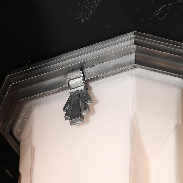 Metal Art Deco Skyscraper Style Milk Glass Flush Mounts W/ Polished Aluminum Fittings For Sale - Image 7 of 12