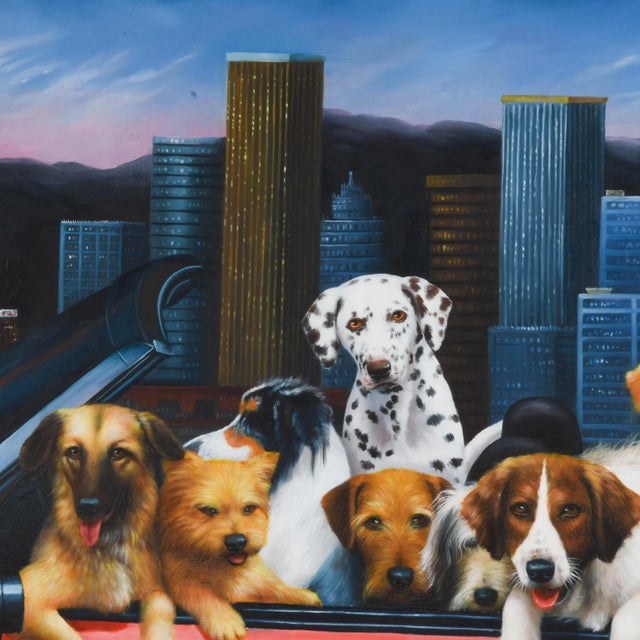 Contemporary Framed Signed Remington "Canine Convertible Cruise" Oil Painting For Sale - Image 3 of 12