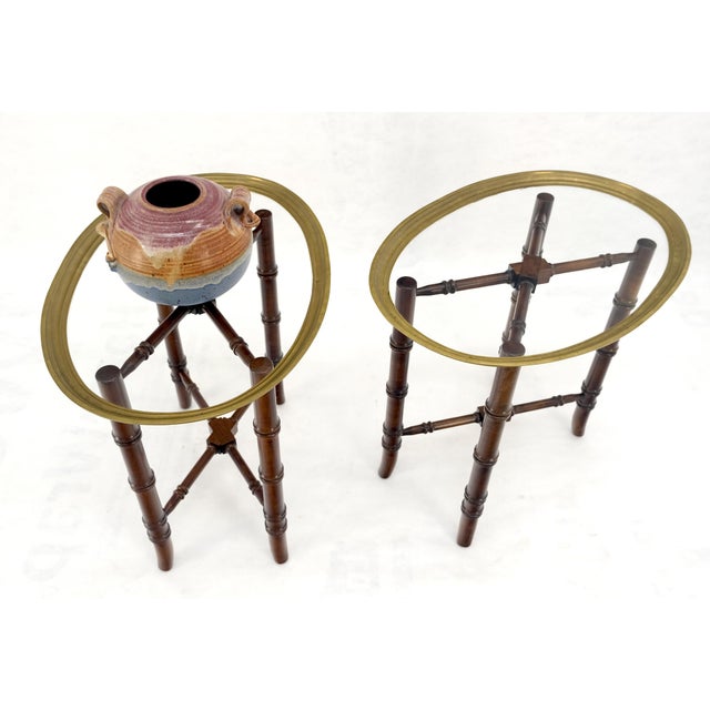 Pair Oval Brass Gallery Glass Top Faux Bamboo Bases End Side Tables Stands MINT For Sale - Image 11 of 16