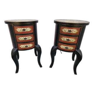 Chinoiserie Style Oval Side Tables Black Lacquer Floral Motif For Sale