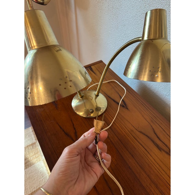 Vintage Double Gooseneck Brass Desk Lamp With Perforated Shades and 3 Way Lighting, Circa 1960s For Sale - Image 9 of 12