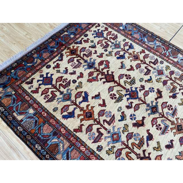 Vintage Afghan Tree of Life Bird Rug in Ivory, Indigo and Madder Red For Sale - Image 4 of 9