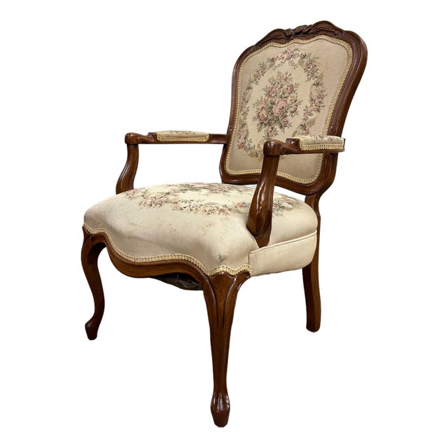Vintage French Louis XV Regency Style Carved Needlepoint Upholstered Armchair For Sale