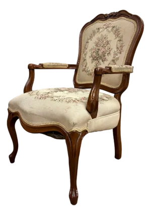 Vintage French Louis XV Regency Style Carved Needlepoint Upholstered Armchair