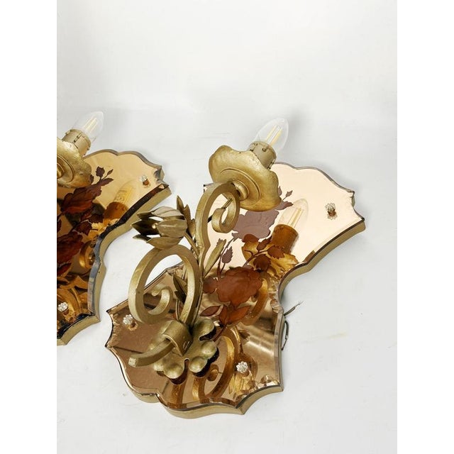 Art Deco Wall Sconces in Patinated Gold Metal and Glass, France, 1950, Set of 2 For Sale - Image 3 of 14