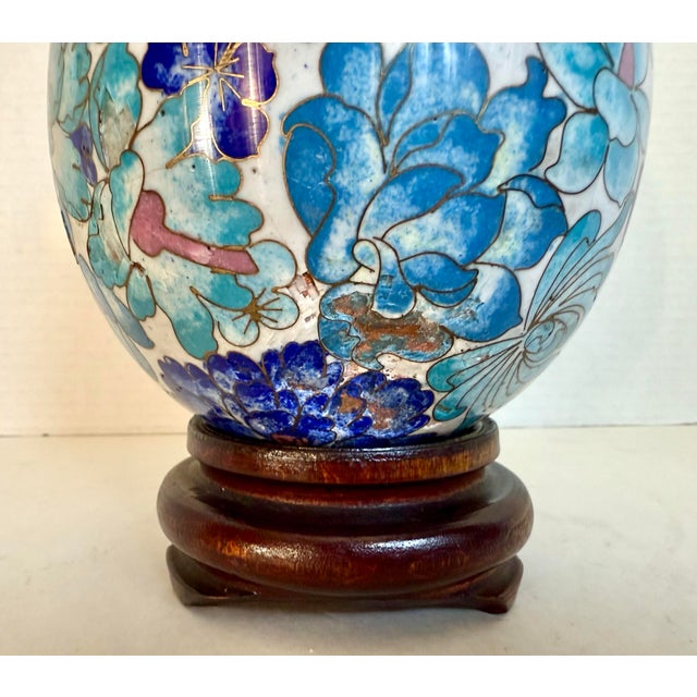 Vintage Display Size Blue Floral Cloisonné Egg on Wood Stand For Sale - Image 11 of 12