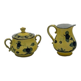 Ginori 1735 Oriente Italiano Citrono Covered Sugar Bowl and Creamer For Sale