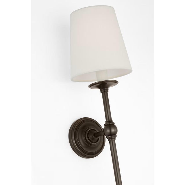 Traditional Chapman & Myers for Visual Comfort Signature Classic 27" Tail Sconce in Bronze with Linen Shade For Sale - Image 3 of 7