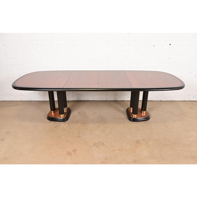 Drexel Heritage Modern Art Deco Walnut and Black Lacquered Double Pedestal Extension Dining Table, Newly Refinished For Sale - Image 14 of 14