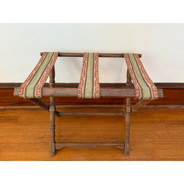 Vintage Turned Wood Folding Luggage Rack With Greek Key Tapestry Straps For Sale - Image 9 of 9