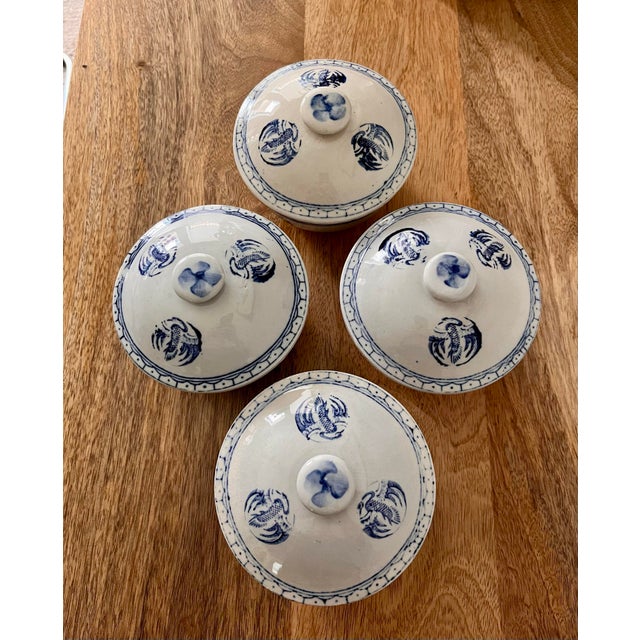 Ceramic 1960s Chinese Lidded Rice Bowls in Blue & White-Set of 4 For Sale - Image 7 of 10
