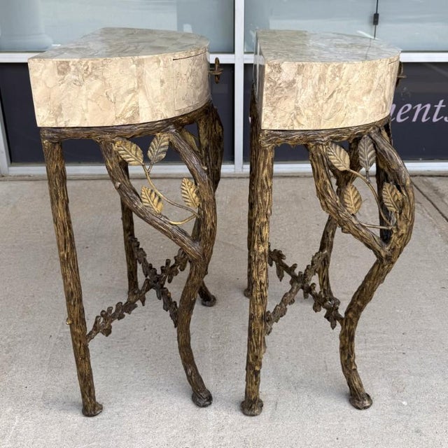 Late 20th Century Pair of Tessellated-Faux Marble One-Drawer Tables With Metal Tree Branch Bases For Sale In Raleigh - Image 6 of 15