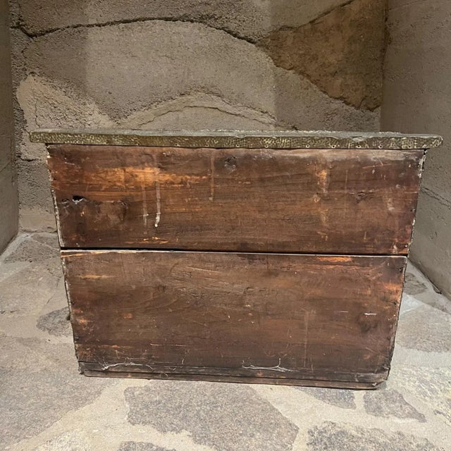 1800s Antique Firewood Coal Wood Repousse Box Brass Panels For Sale - Image 9 of 12