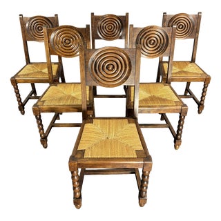 French Farmhouse Turned Wood and Rush Dining Chairs in the style of Charles Dudouyt, 1950s, Set of 6 For Sale