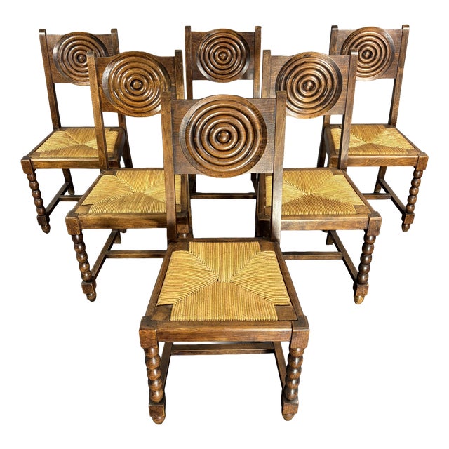 French Farmhouse Turned Wood and Rush Dining Chairs in the style of Charles Dudouyt, 1950s, Set of 6 For Sale