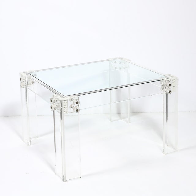 Transparent Pair of Mid-Century Modernist Rectilinear Lucite & Glass Side/End Tables For Sale - Image 8 of 18