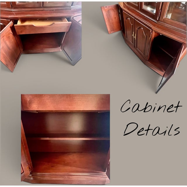 Late 20th Century Broyhill Cherry China Cabinet-Lighted Mirrored Curio Hutch-2 Piece-Display-Glass For Sale - Image 9 of 11