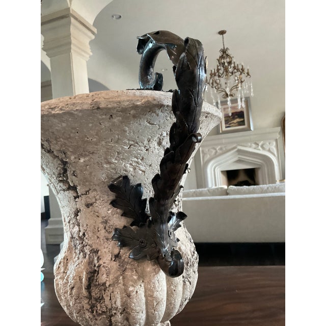 Vintage 20th Century Distressed Stone and Decorative Iron Urn For Sale - Image 11 of 11
