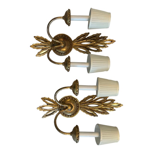 Vintage Mid-Century Italian Giltwood & Mirror Wheat Sheaf Two-Light Wall Sconces - a Pair For Sale