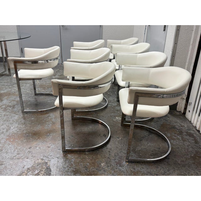 Contemporary Glass Dining Table + Eight White Leatherette Dining Chairs, Set of Nine For Sale - Image 10 of 12