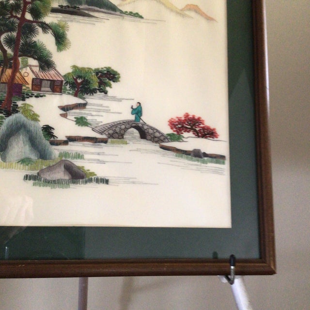 Framed Asian Embroidery Silk Thread Panel Featuring a Landscape River Scene For Sale - Image 12 of 12