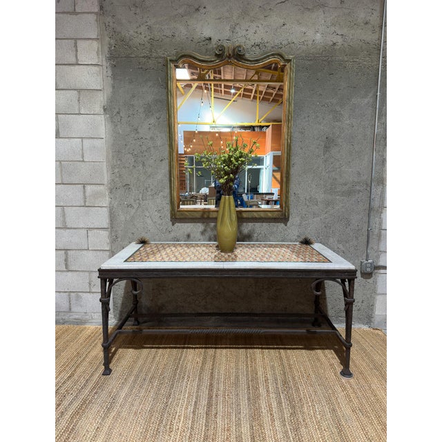 Spanish Revival Antique Spanish Revival Iron Console Table With Marble & Mosaic Inlay – 68” Hand-Forged Mediterranean Table For Sale - Image 3 of 11