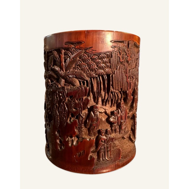 Mid 20th Century Chinese Carved and Signed Bamboo Brush Pot For Sale - Image 4 of 11