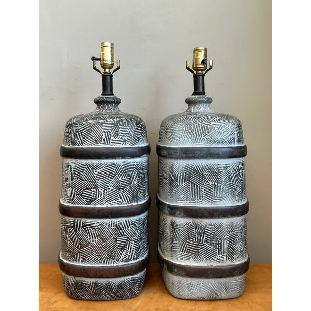 Vintage Geometric Ceramic Table Lamps - Pair For Sale - Image 10 of 12